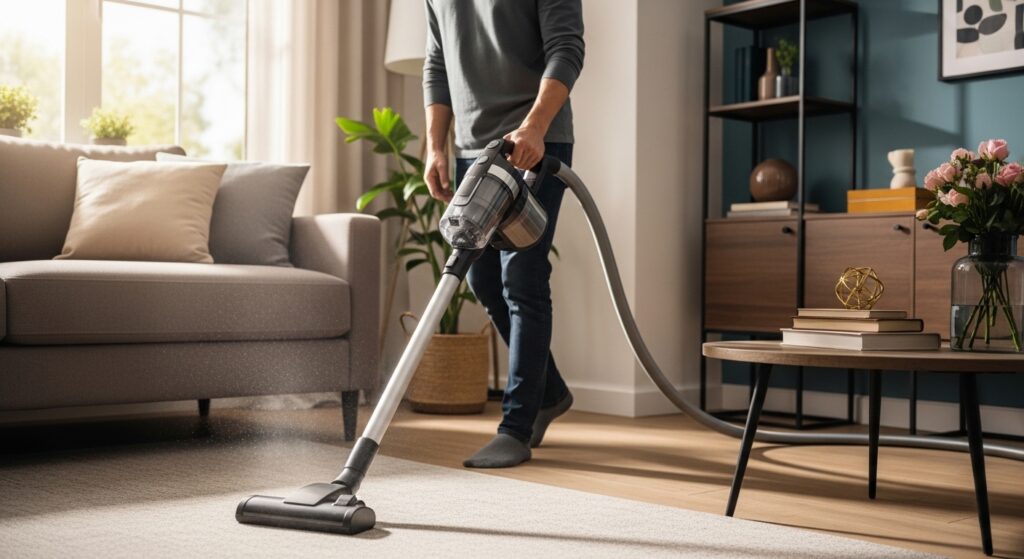 cleaning the living room with a modern vaccum cleaner