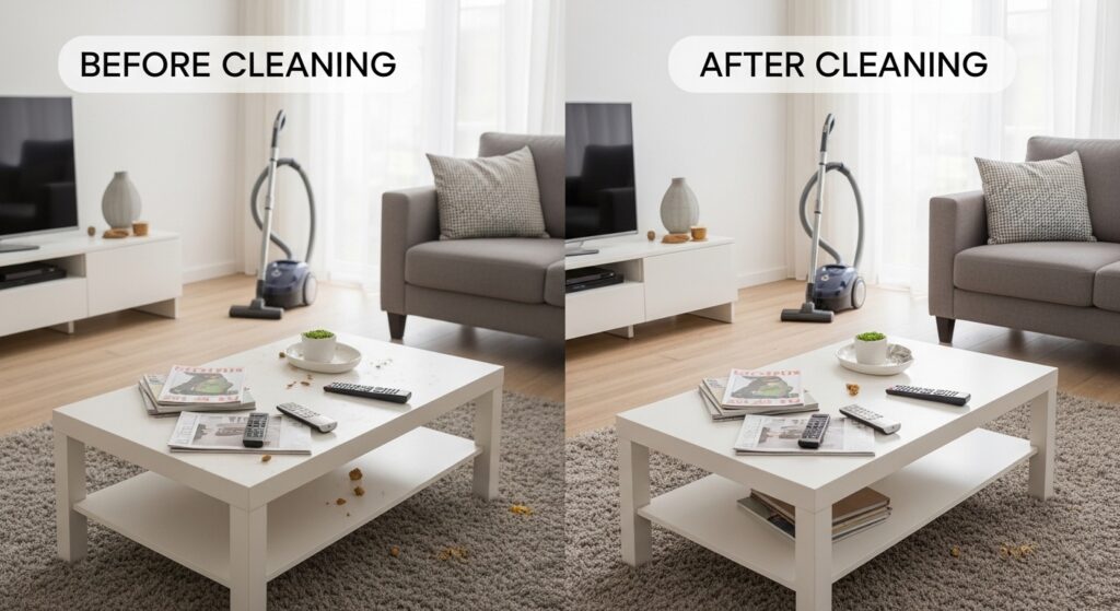 Before vs after cleaning a modern living room with a vacuum cleaner