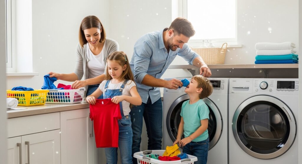 Small family using washing machine at home