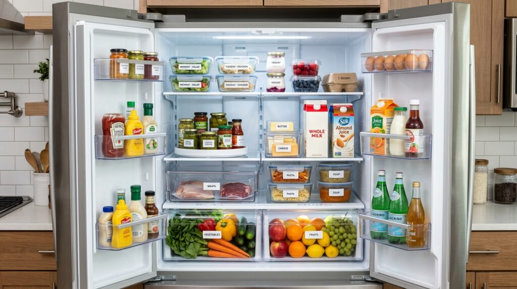 Well organized refrigerator shelves