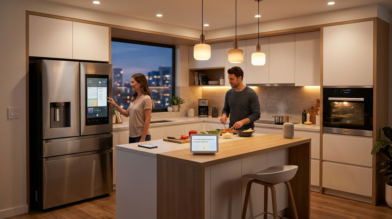 Smart kitchen with AI refrigerator, smart oven, Echo Show and connected appliances in 2026