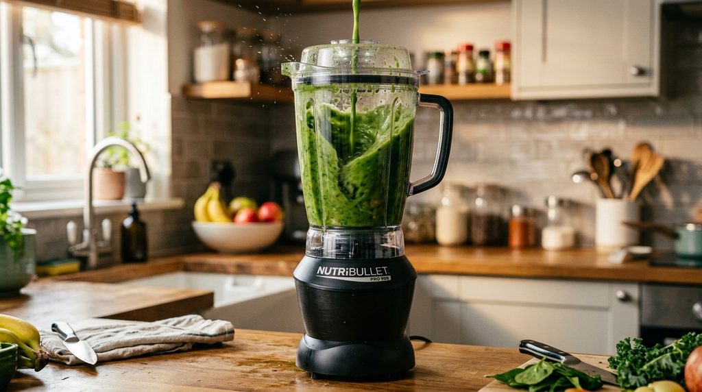 "NutriBullet 900W blender mixing a healthy green smoothie"