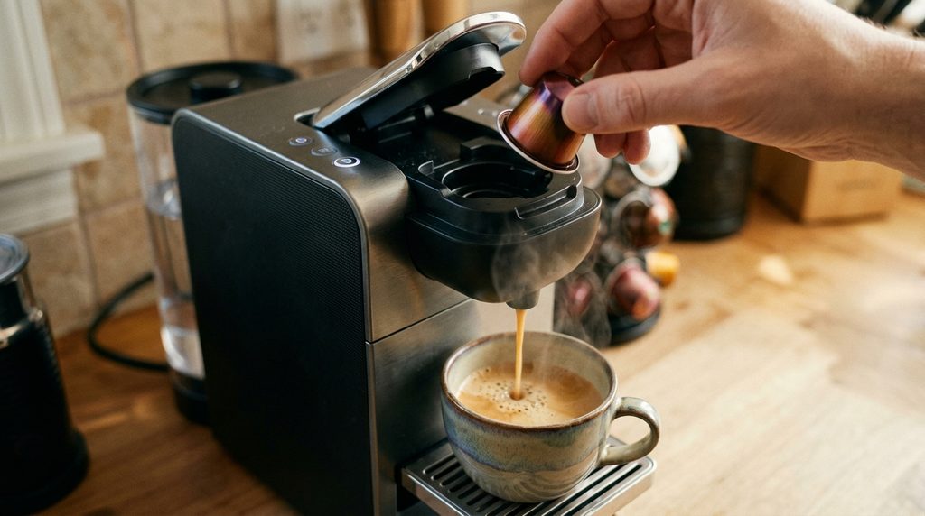 Inserting a pod into a capsule coffee machine.