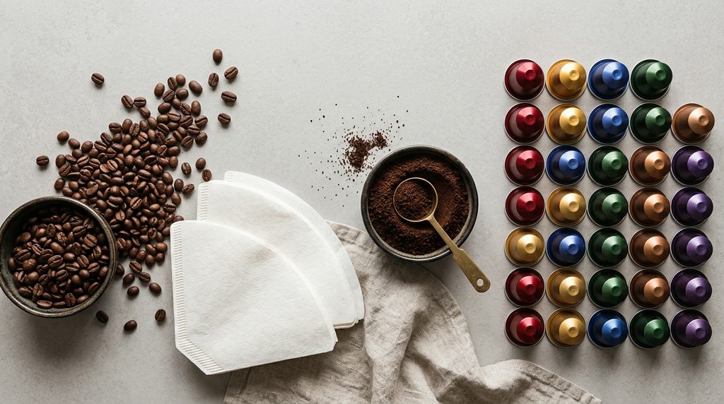 Coffee beans and filters next to colorful coffee capsules.
