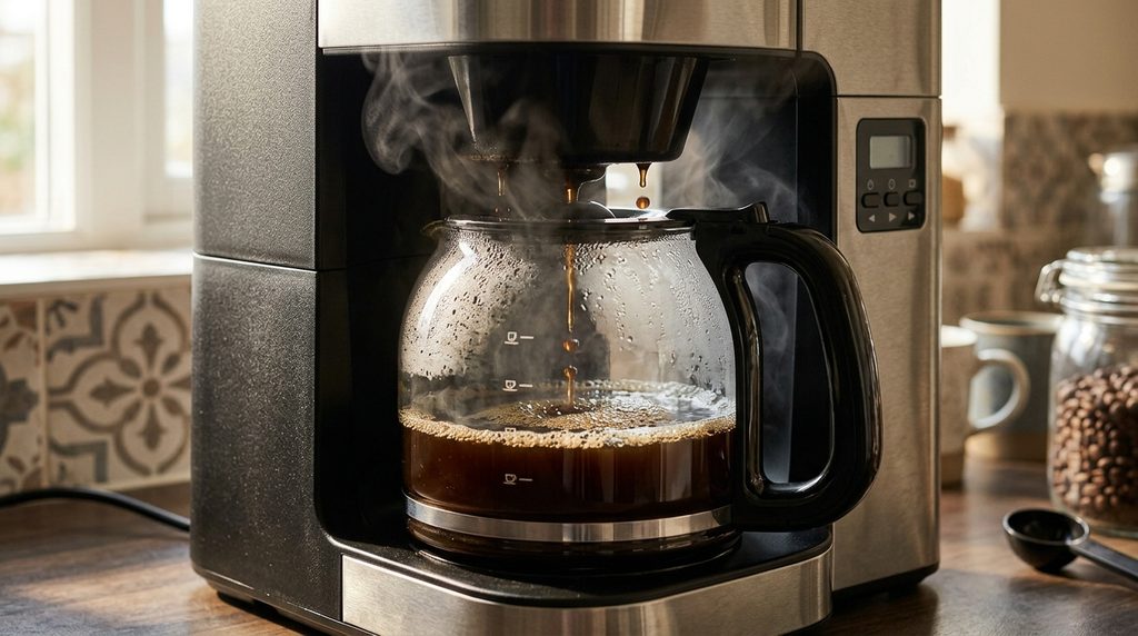 Drip coffee machine filling a glass carafe.