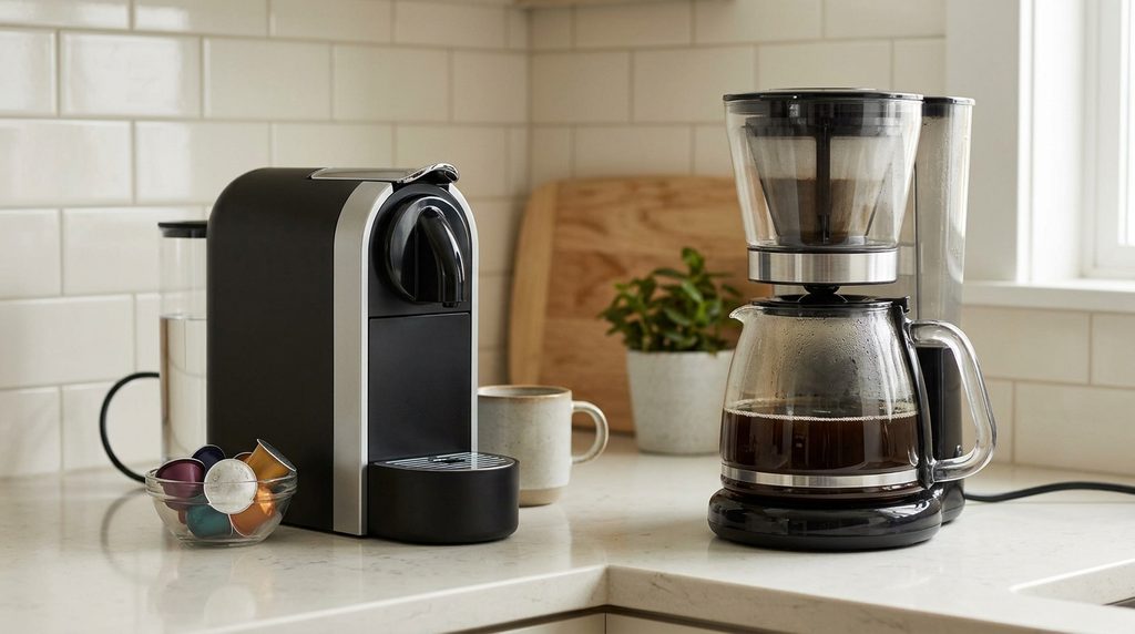 Capsule coffee maker and drip coffee maker on a kitchen counter.