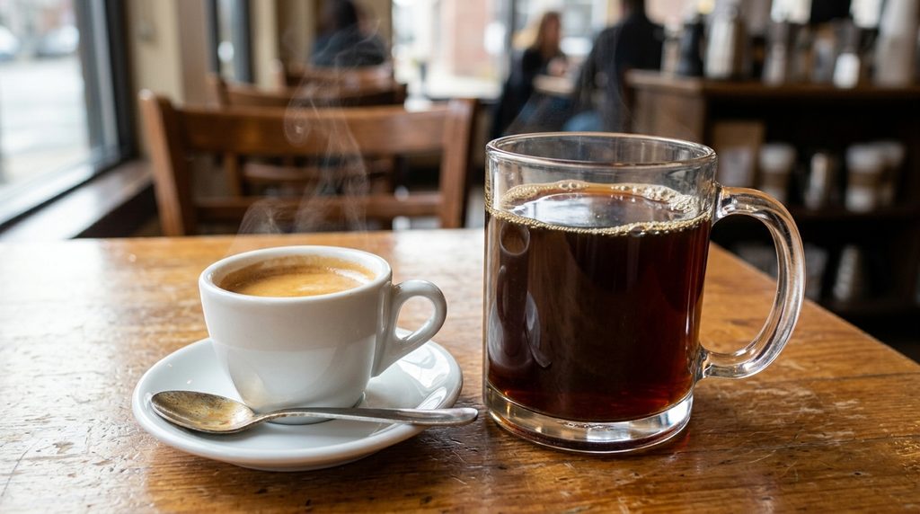 Cup of espresso next to a mug of drip coffee.