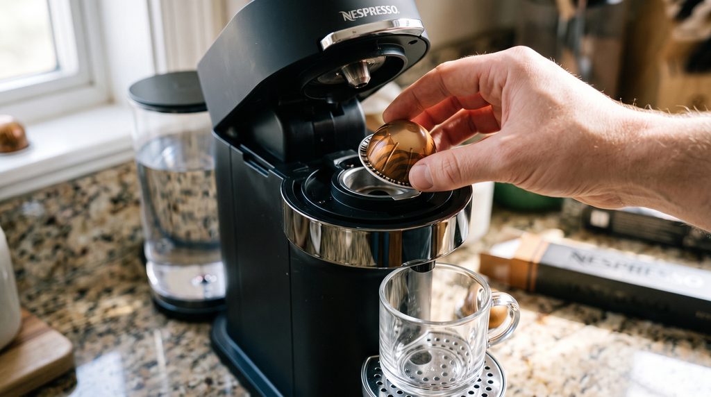  Nespresso VertuoPlus Deluxe in the brewing process, the ingredients, and the final cups.
